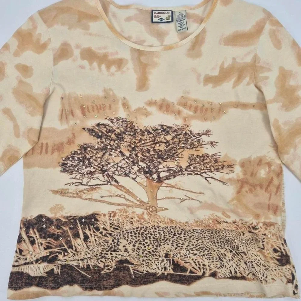 Caribbean Joe Y2K safari cheetah graphic sequin‎ top